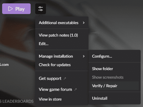 GOG Galaxy Options Manage Installation Verify/Repair
